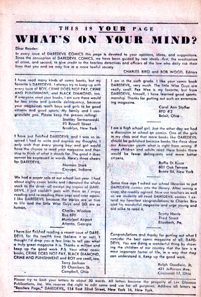 Letters page of Daredevil 55
