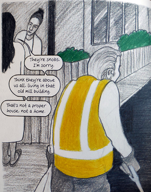 Image of two women talking whilst man with yellow hi vis vest passes.