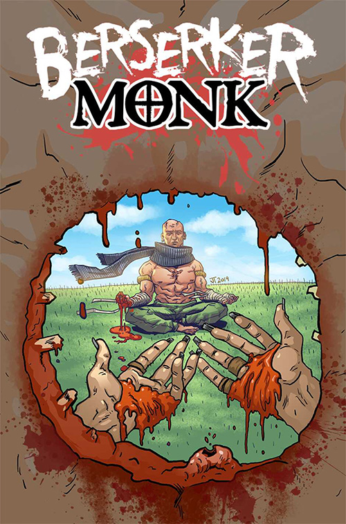 Berserker Monk front cover. A monk sits on grass observing the hole he just punched into someone. That persons bloody hands reach out.