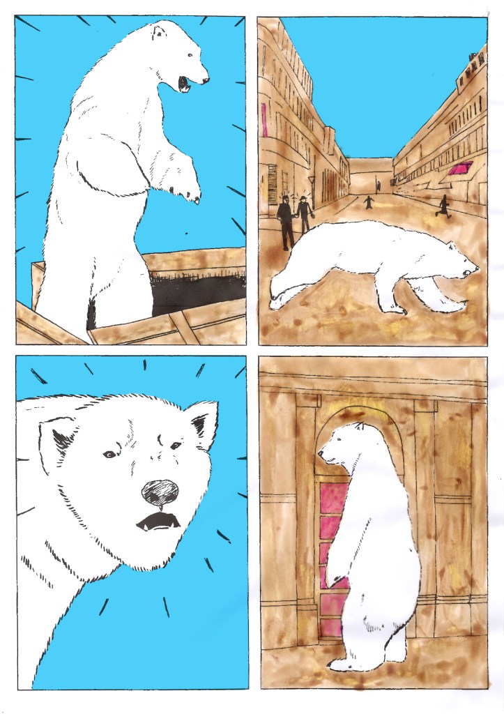 Four panels featuring a polar bear in the streets of Dundee