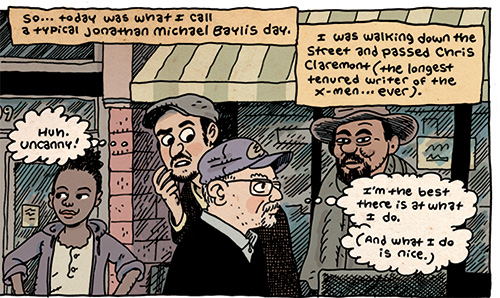 Panel showing Chris Claremont walking down the street illustrated by Noah van Sciver.
