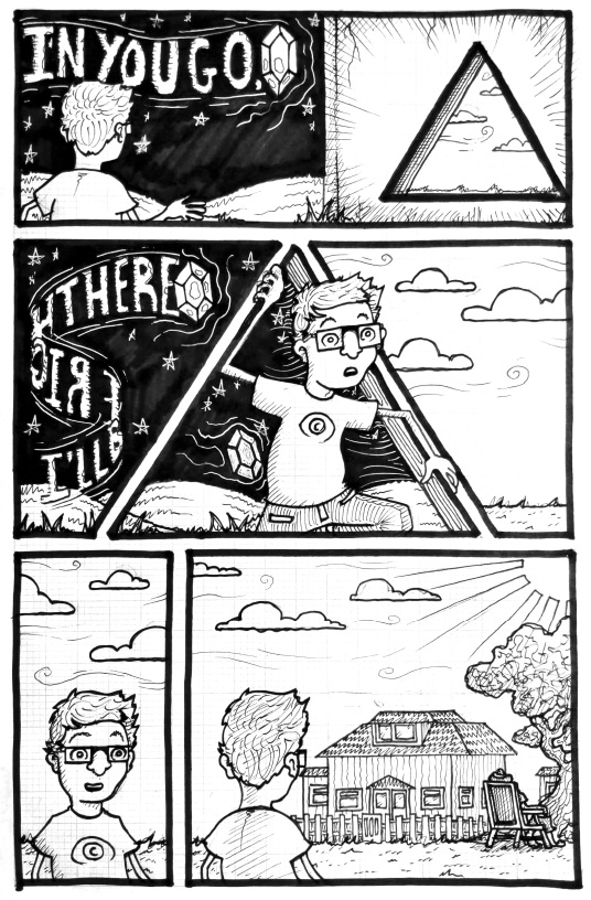 Five panels from Safe From Harm by Joan Edam. A man travels through a triangular portal into a sunny garden.