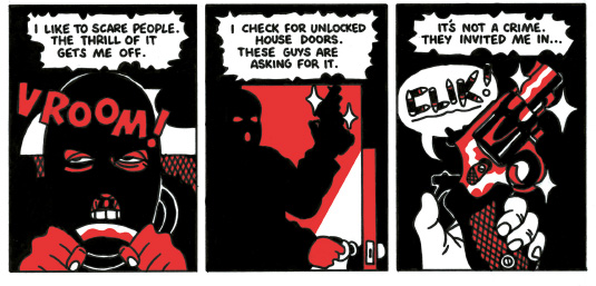 Three panels of a comic. A man with a balaclava driving. He breaks into a house with a gun. He holds the gun in his hand.