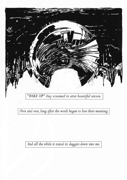 A full page panel from a comic book. Inky shapes with text.