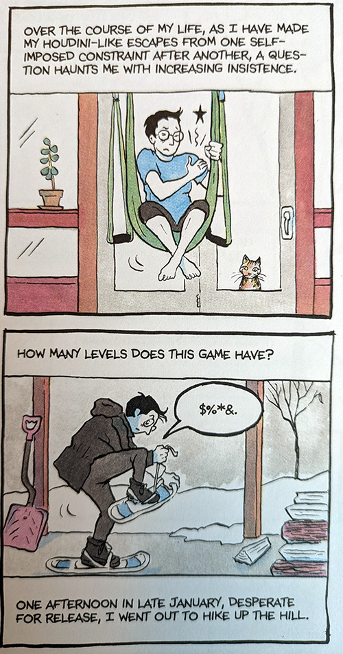 Two panels from The Secret to Superhuman Strength by Alison Bechdel. A woman considers the effects of ageing on her body as she sits in a sling chair and puts on snow shoes.