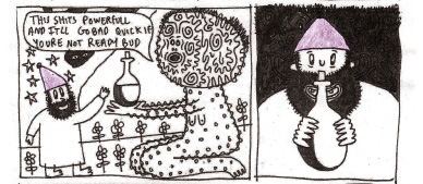 Two panels from a comic strip. A creature gives a magical potion to a wizard.
