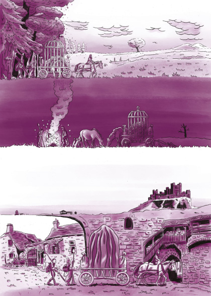 Two panels from a comic strip A carriage mounted cage is driven through landscape
