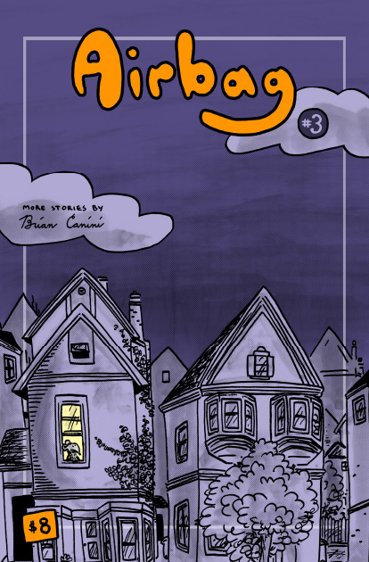 Front cover of Airbag by Brian Canini - a suburban house, a mouse can be seen in a lit window.