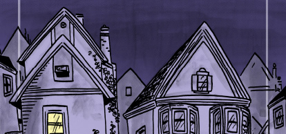 A mouse in the lit window of a suburban house