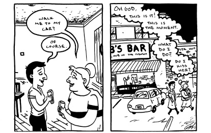 Two panels from the comic Airbag. Two women after a date hesitate in a car park pondering the next move.