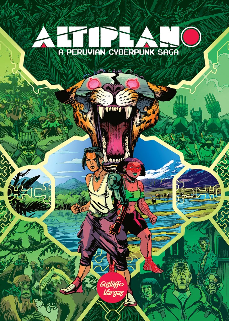 The cover of Altiplano - A Peruvian Cyberpunk Saga featuring a mutated jaguar amid exciting scenes from the book.