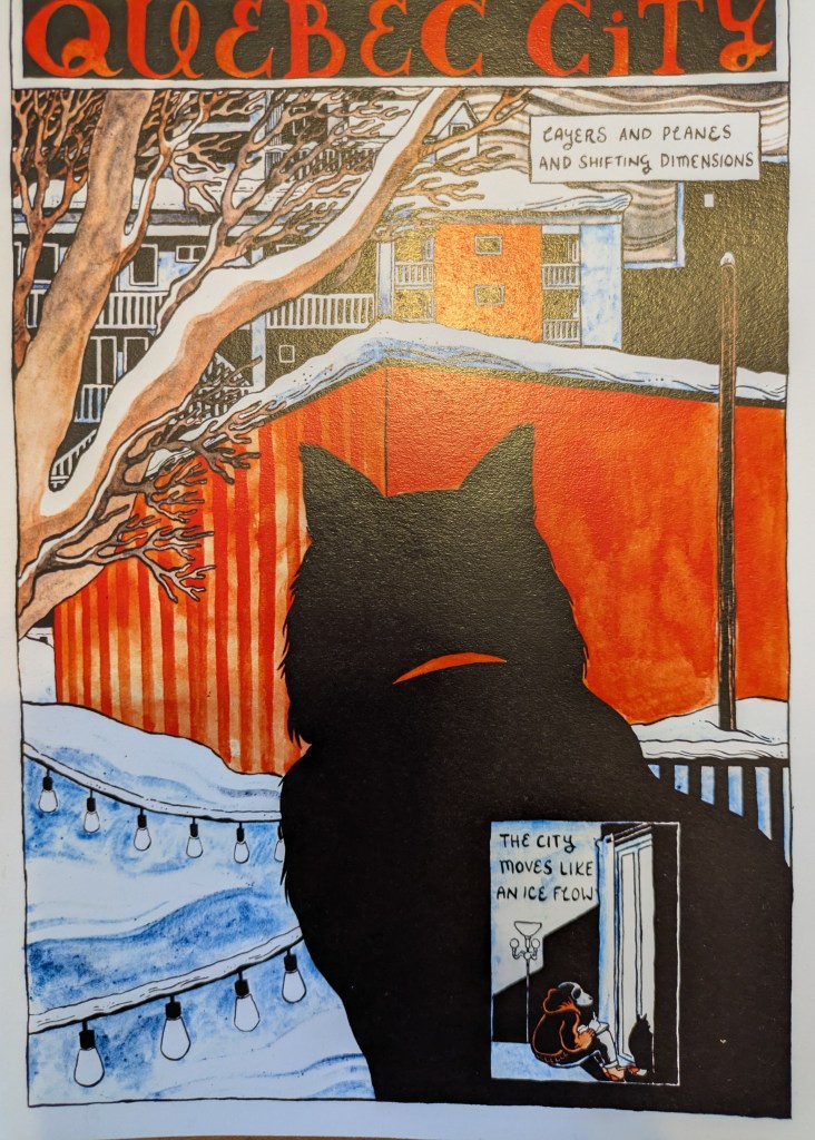 Cover of a book showing a black cat looking out at a snowy street. The book is called Quebec City.
