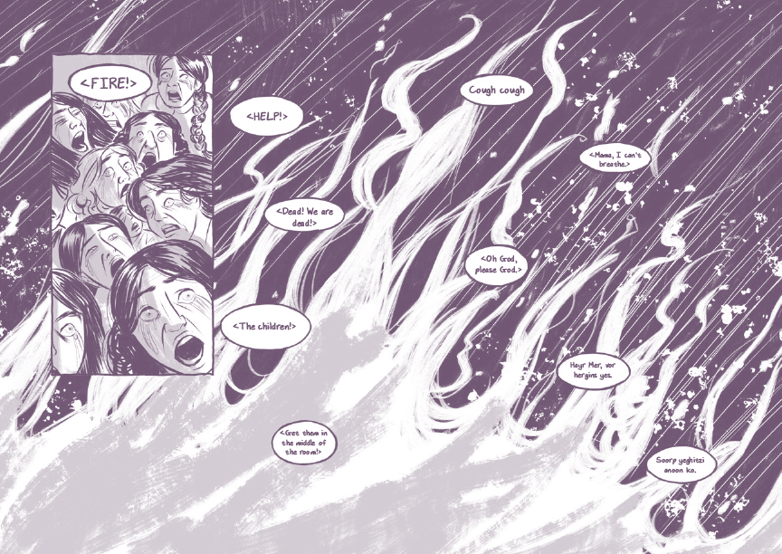 A panel depicting women in a burning building