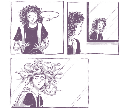 Three panels of a comic book depicting a young woman looking in the mirror and seeing her hair turn into snakes.