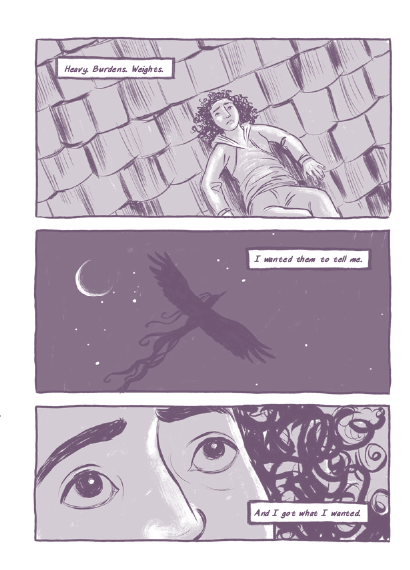 Three panels from a comic showing a young woman sitting on a roof. She sees a great bird in the sky.