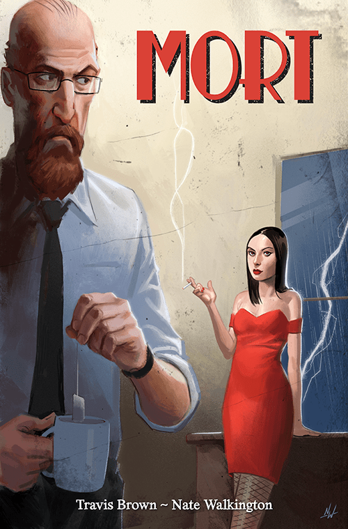 Cover of comic book Mort. a bald man with a beard and glasses holds a cup of tea whilst being watched by a woman in a red dress who is smoking.