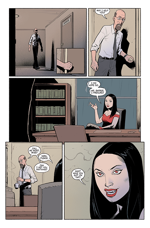 Five panel page from the comic Mort. A man walks into an office to find a young woman sitting at his desk.