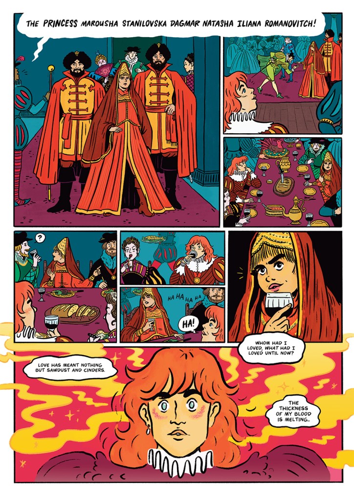 Seven panels from Orlando showing the arrival of a Princess at court