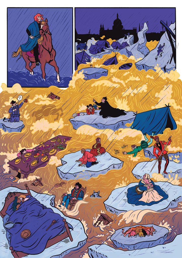 A dramatic scens with 3 panels showing an icy river breaking up and people swept away