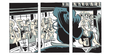 three panels showing a man surveying the clientele of a bar