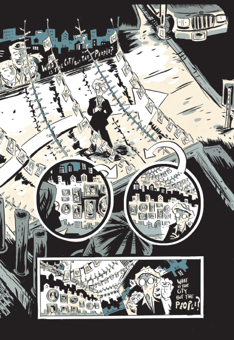 images and panels from a comic showing a man in a city street looking at pictures of people strung between the walls.