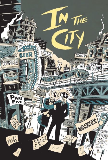 Book cover showing a man and woman walking through a city