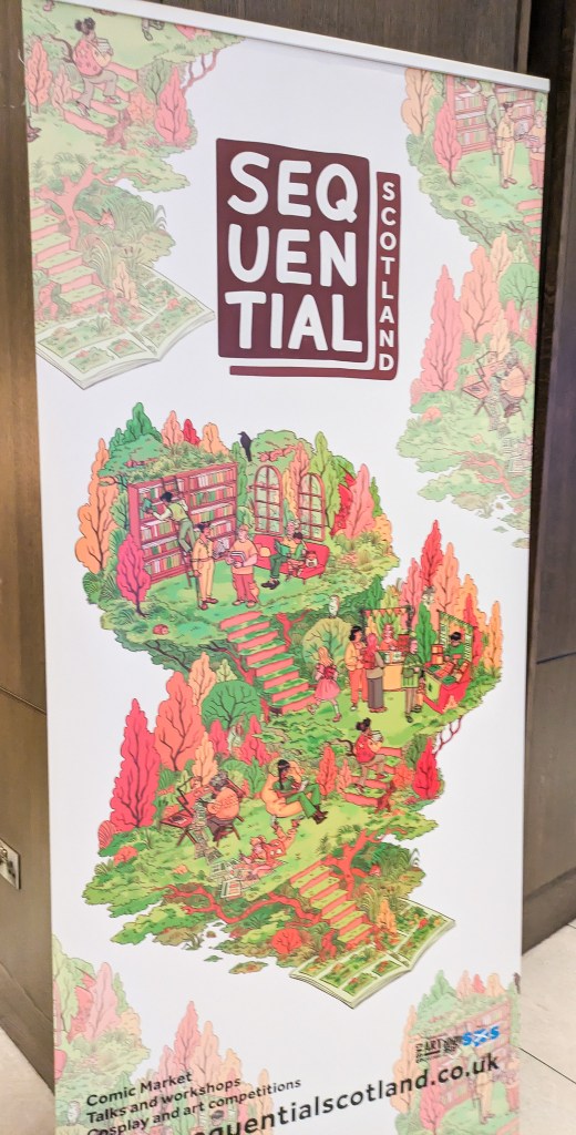 A pull up banner with a colourful design for the Sequential Scotland comic convention