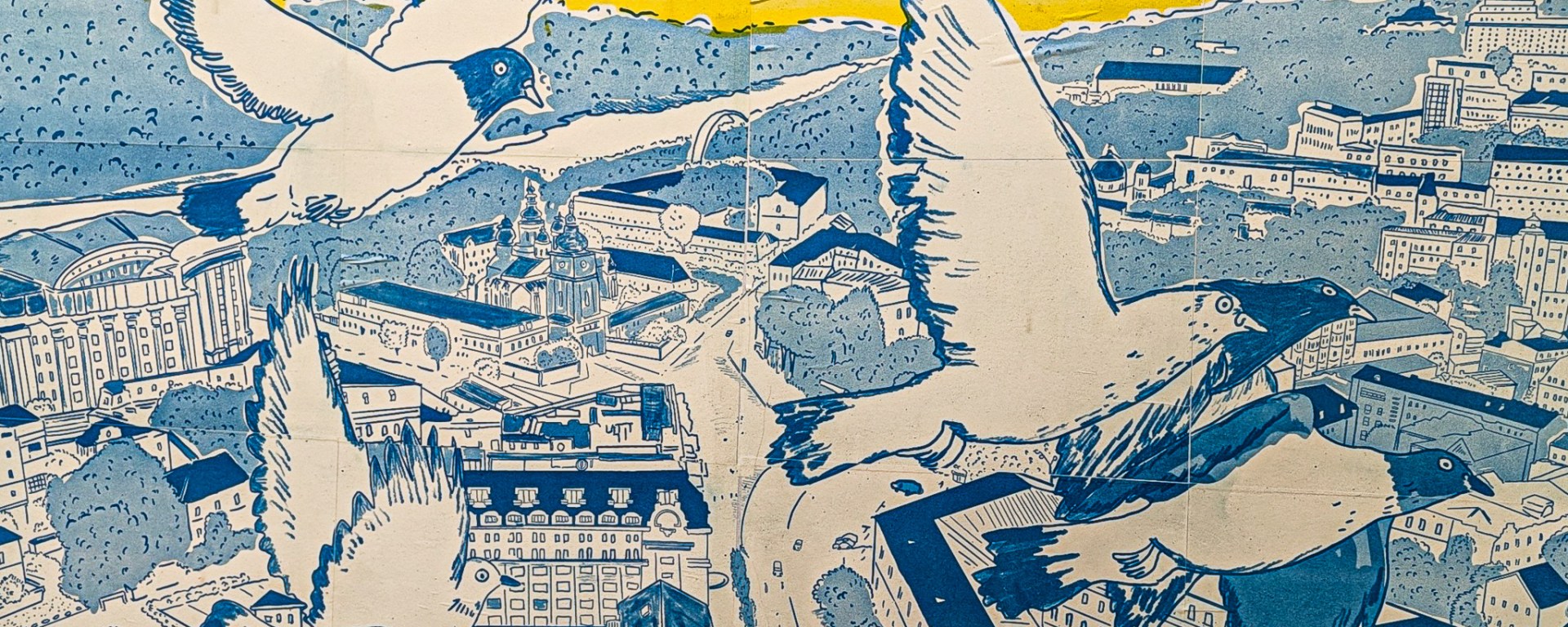 Pigeons in flight over a city