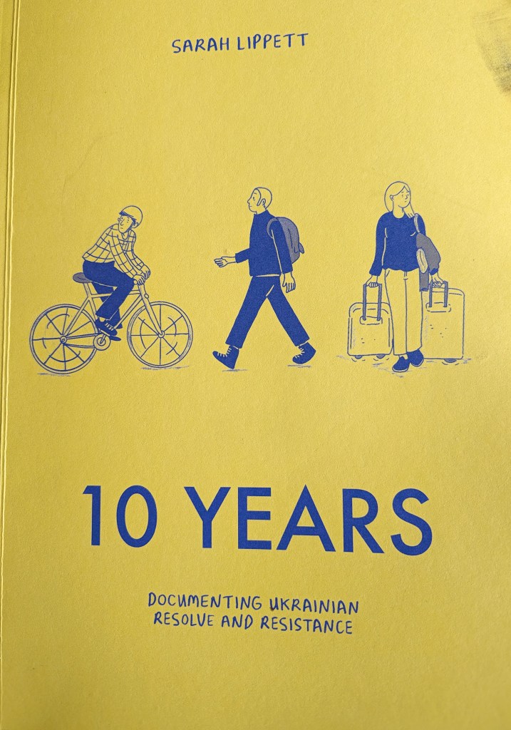 Cover of book. Yellow with figures of a man on a bicyle, a man walking and a woman with suitcases